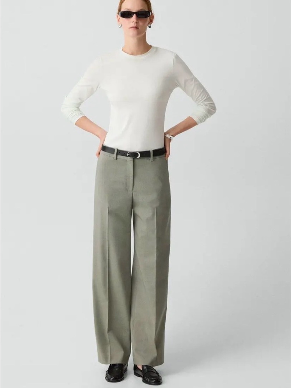 Theory Olive-Tone Wide Leg High-Rise Trousers Relaxed Fit Office Wear Wool Sz 0